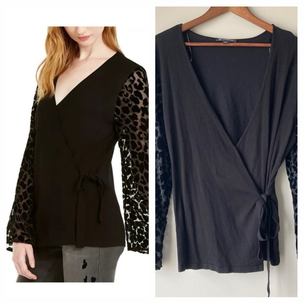 INC International Concepts Black Wrap Top Velvet Leopard Burnout Sheer Sleeve XL